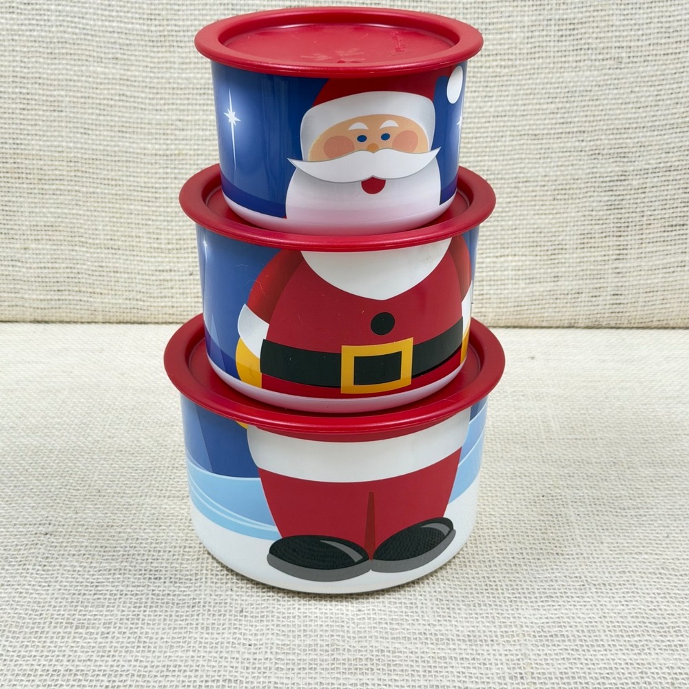 Tupperware Christmas Canister Set 3pc Santa Snowman Nesting Bowls Red Lids USA